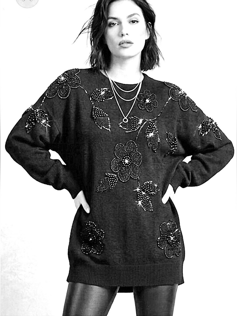 Vintage Mister Leonard Lambswool Angora Beaded Raglan Sleeve Sweater  Sz M Black